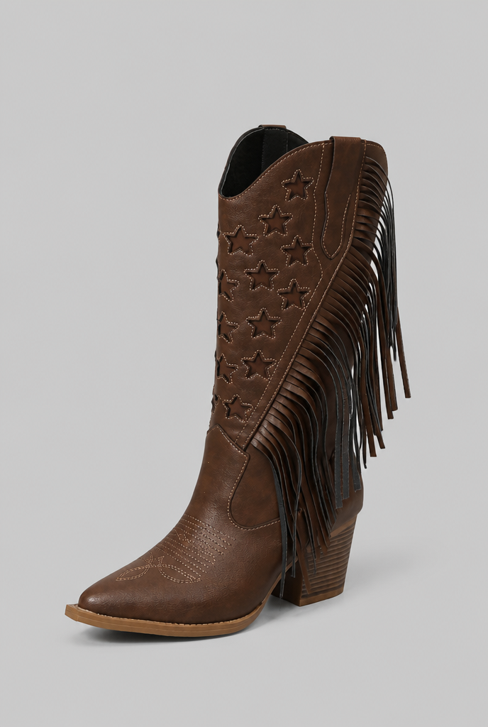 Women's Mid-Calf Fringe Cowboy Boots - Star Details