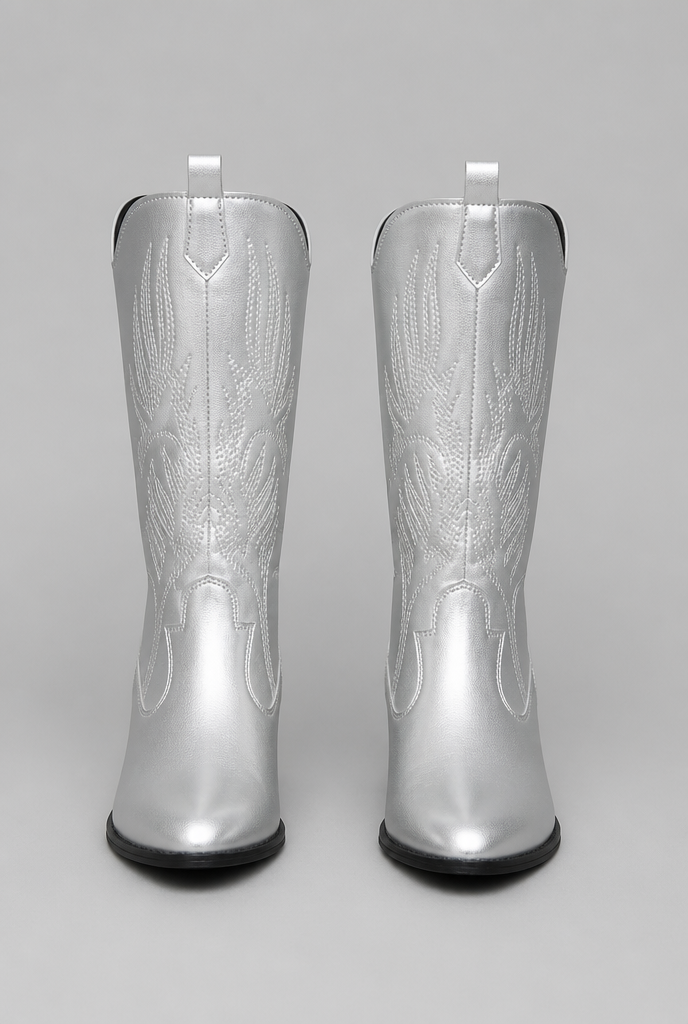 Women's Silver Metallic Wide Calf Cowboy Boots