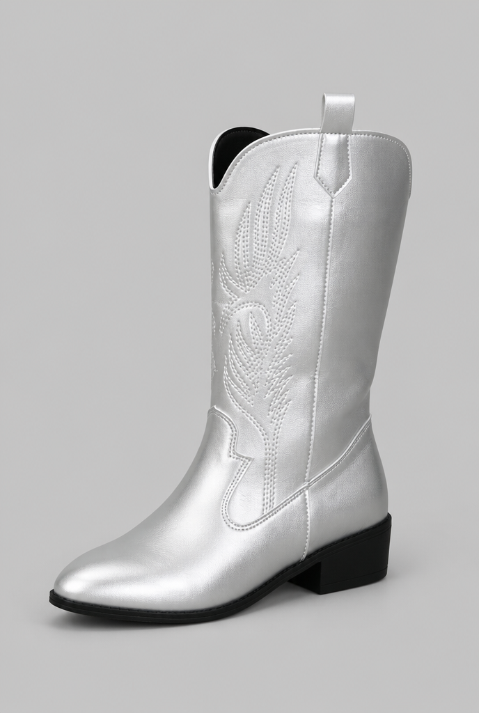 Women's Silver Metallic Wide Calf Cowboy Boots