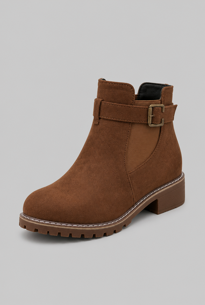 Women's Suede Ankle Boots - Buckle, Lug Sole