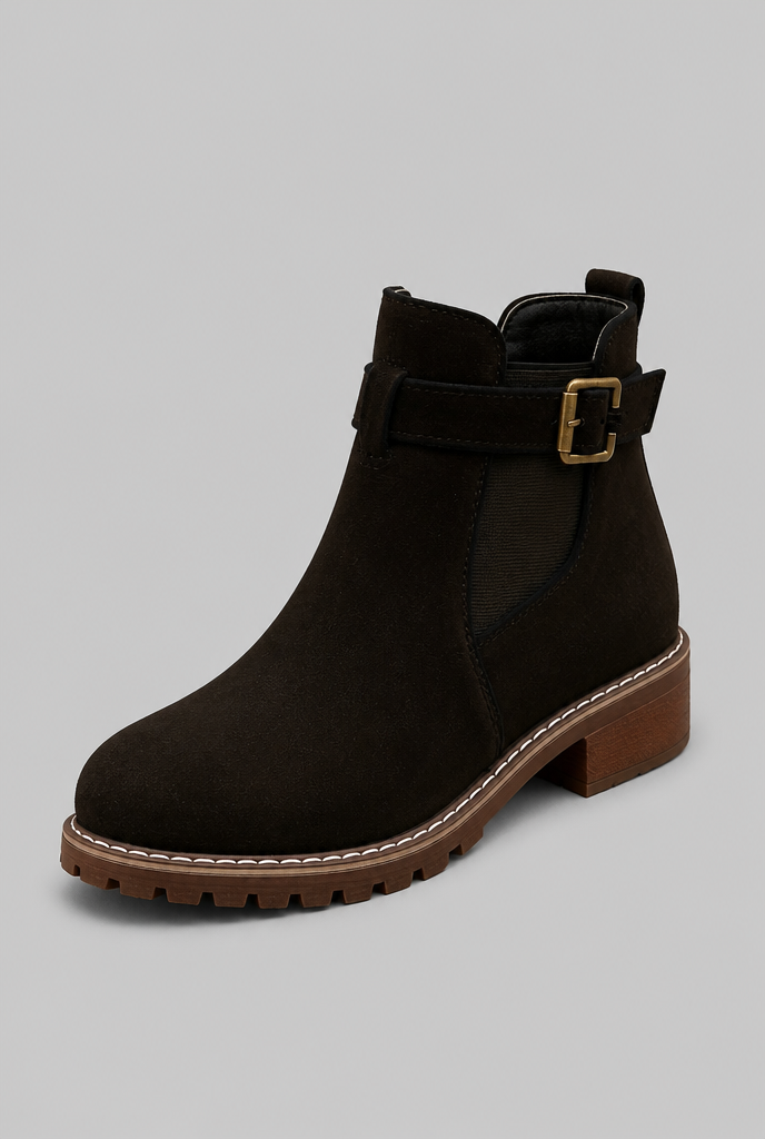 Women's Suede Ankle Boots - Buckle, Lug Sole