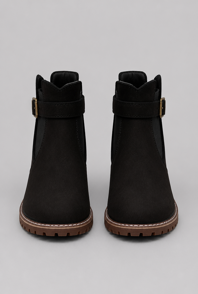 Women's Suede Ankle Boots - Buckle, Lug Sole