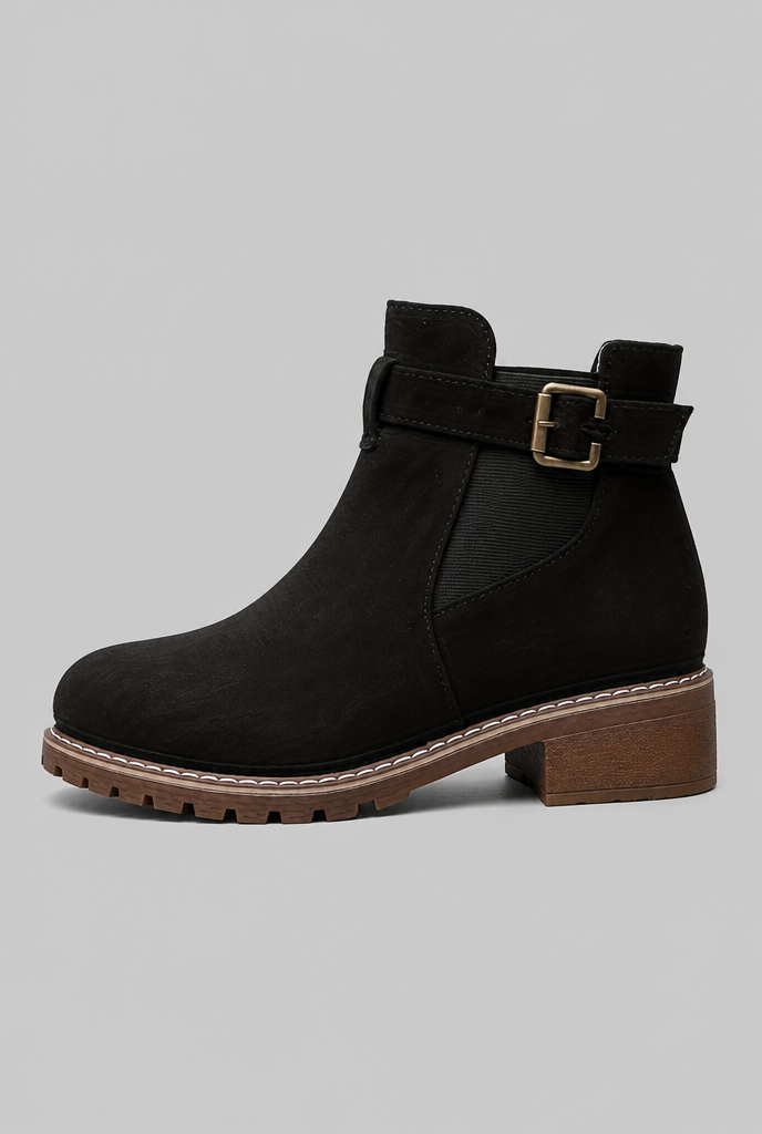 Women's Suede Ankle Boots - Buckle, Lug Sole