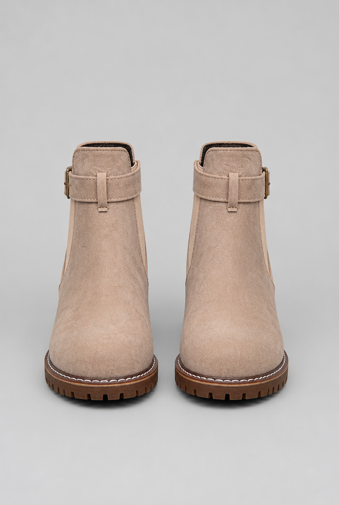 Women's Suede Ankle Boots - Buckle, Lug Sole