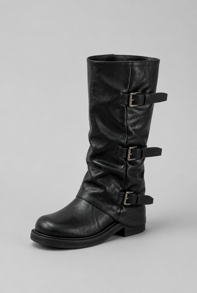 Women's Leather Mid-Calf Biker Boots - Triple Buckle
