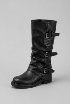 Women's Leather Mid-Calf Biker Boots - Triple Buckle