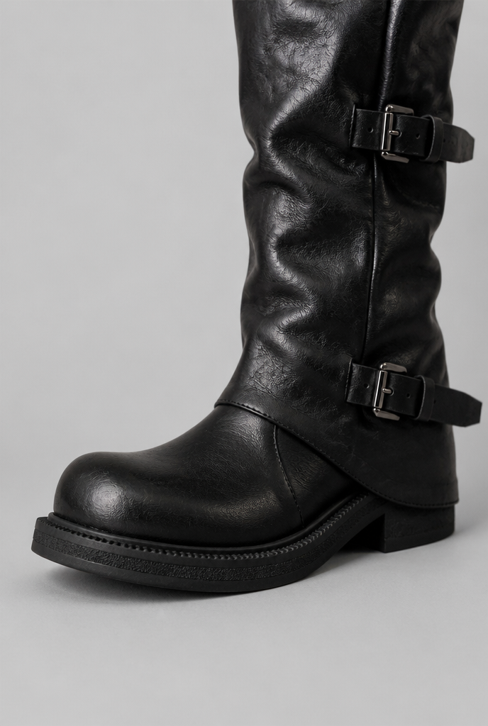 Women's Leather Mid-Calf Biker Boots - Triple Buckle