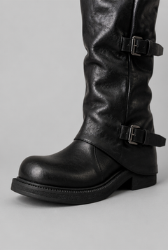 Women's Leather Mid-Calf Biker Boots - Triple Buckle