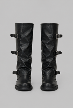 Women's Leather Mid-Calf Biker Boots - Triple Buckle