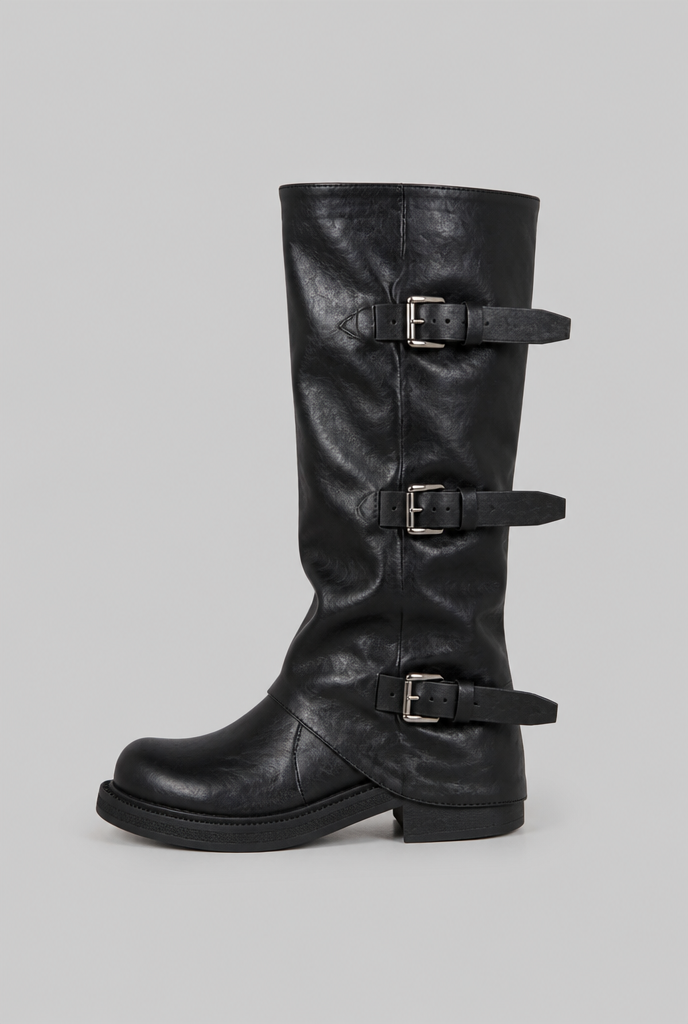 Women's Leather Mid-Calf Biker Boots - Triple Buckle