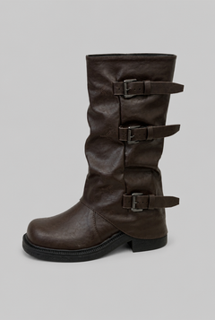 Women's Leather Mid-Calf Biker Boots - Triple Buckle