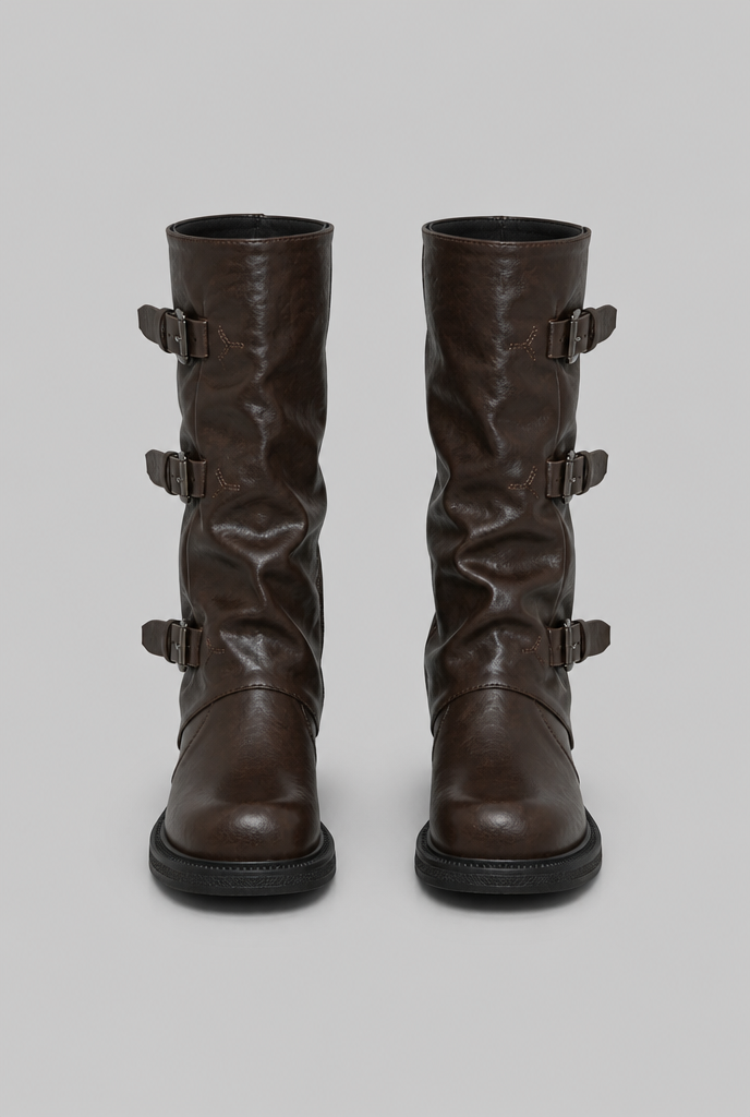 Women's Leather Mid-Calf Biker Boots - Triple Buckle