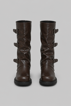 Women's Leather Mid-Calf Biker Boots - Triple Buckle