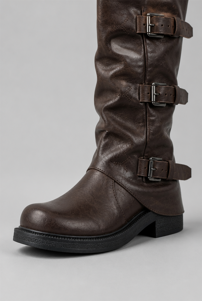 Women's Leather Mid-Calf Biker Boots - Triple Buckle