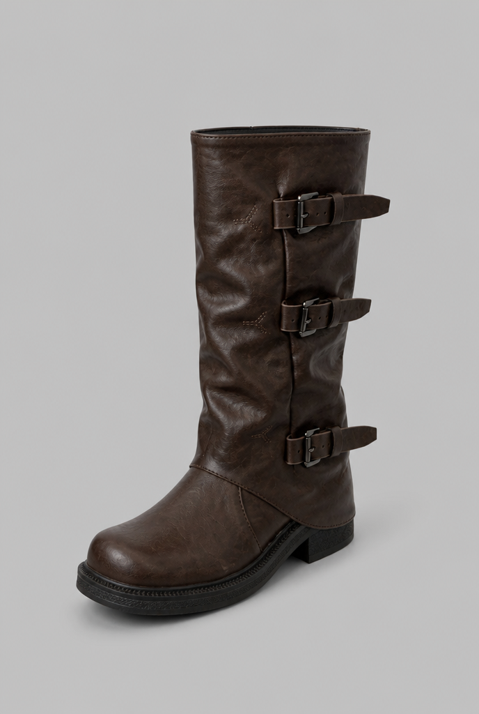 Women's Leather Mid-Calf Biker Boots - Triple Buckle