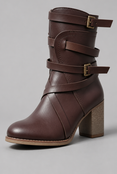 Botines Mujer Efecto Piel Tiras Cruzadas Hebillas Doradas