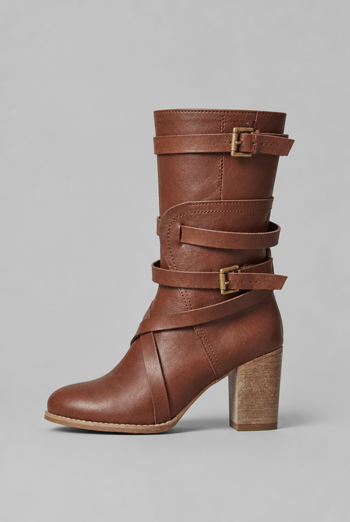 Botines Mujer Efecto Piel Tiras Cruzadas Hebillas Doradas