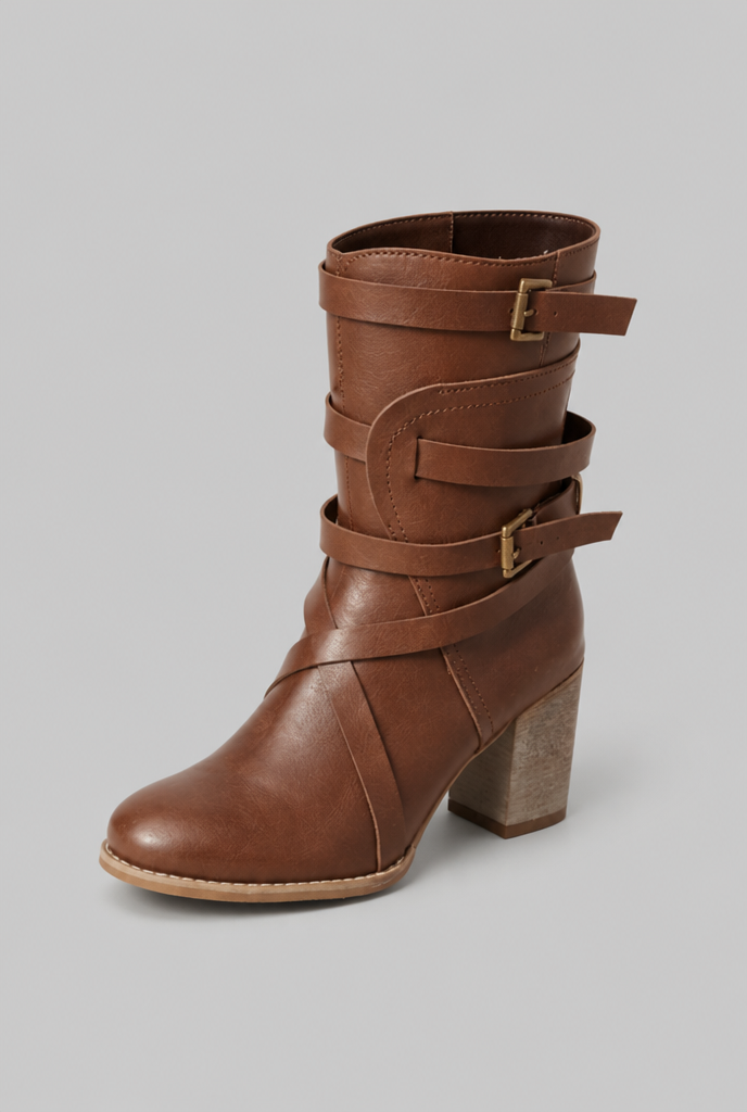Botines Mujer Efecto Piel Tiras Cruzadas Hebillas Doradas