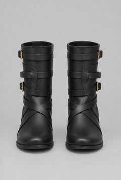 Botines Mujer Efecto Piel Tiras Cruzadas Hebillas Doradas