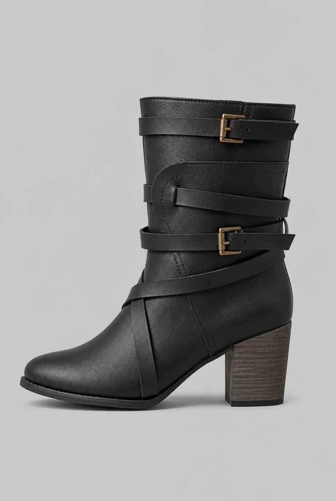 Botines Mujer Efecto Piel Tiras Cruzadas Hebillas Doradas