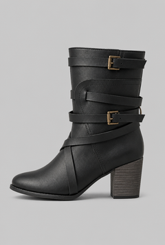Botines Mujer Efecto Piel Tiras Cruzadas Hebillas Doradas