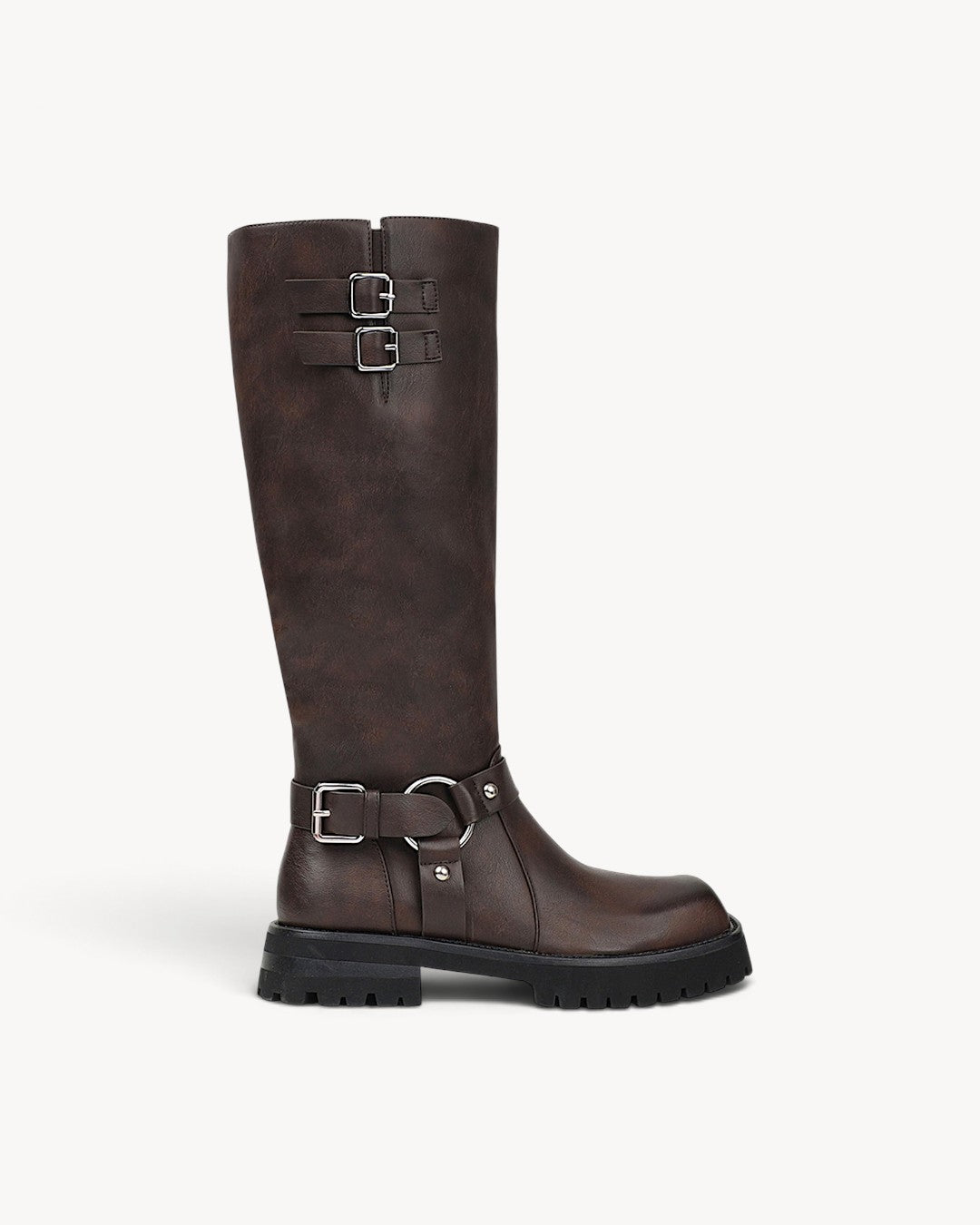 Women's Brown Knee-High Biker Boots - Buckle Straps, Low Block Heel