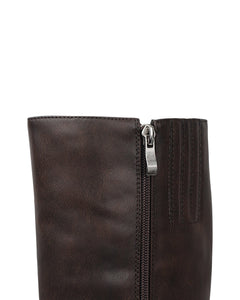Women's Brown Knee-High Biker Boots - Buckle Straps, Low Block Heel