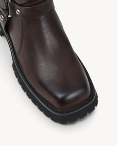 Women's Brown Knee-High Biker Boots - Buckle Straps, Low Block Heel