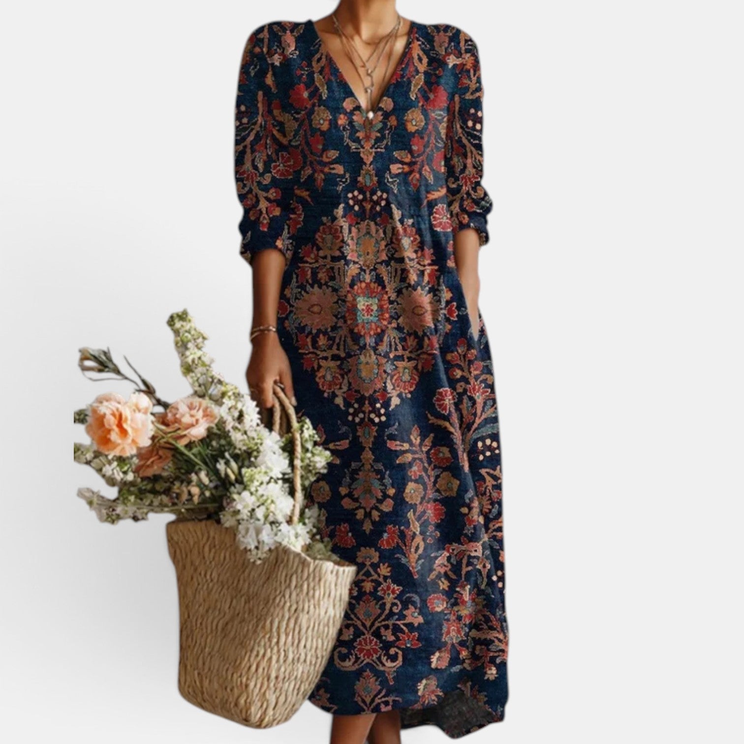 Vestido Midi Boho Mujer de Lino Estampado Floral Escote V