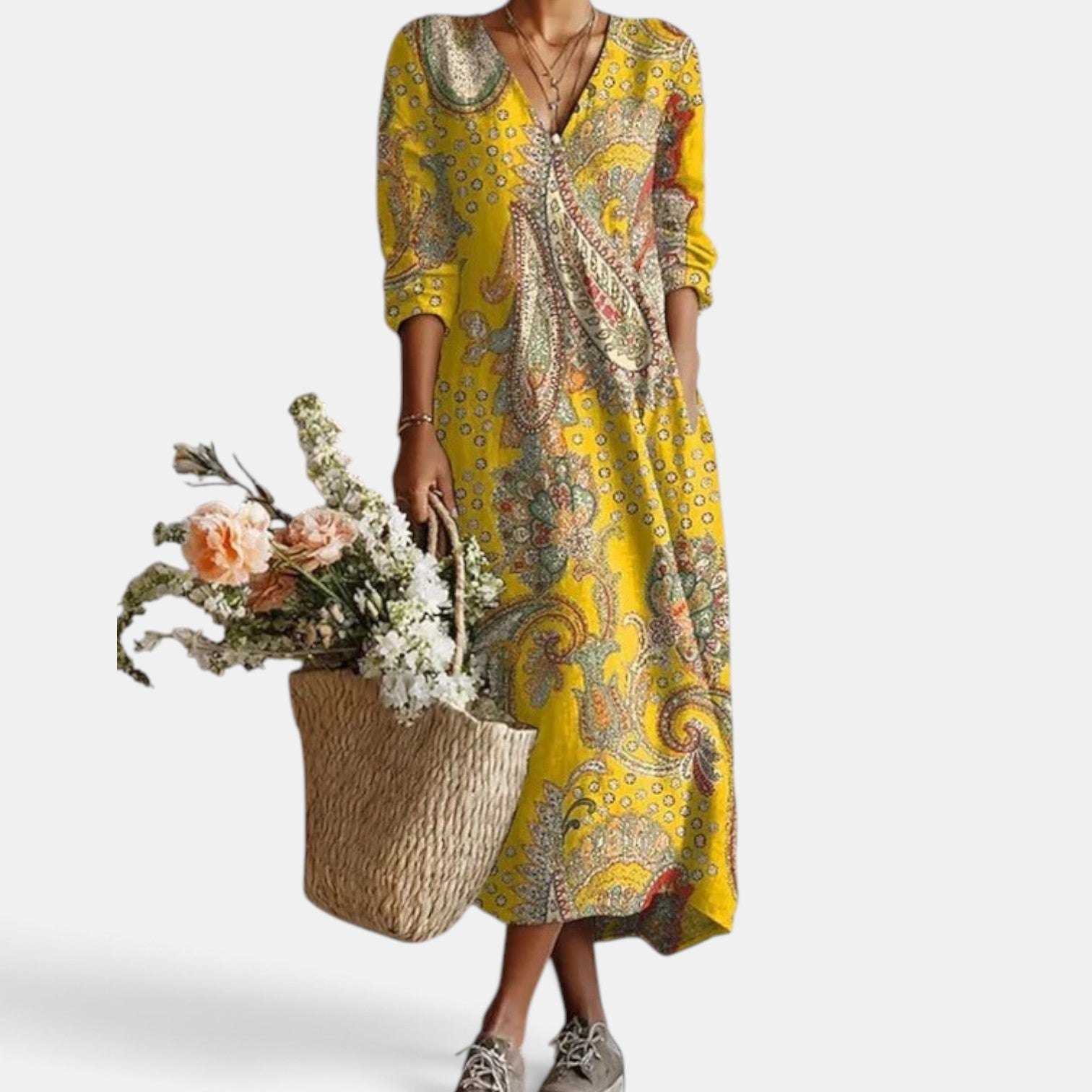 Vestido Midi Boho Mujer de Lino Estampado Floral Escote V
