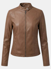 Chaqueta de Piel para Mujer con Cuello Mao y Cremallera