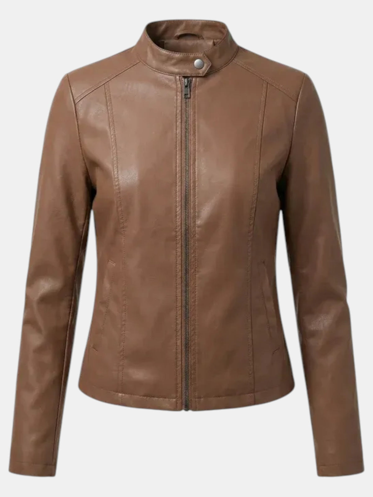 Chaqueta de Piel para Mujer con Cuello Mao y Cremallera