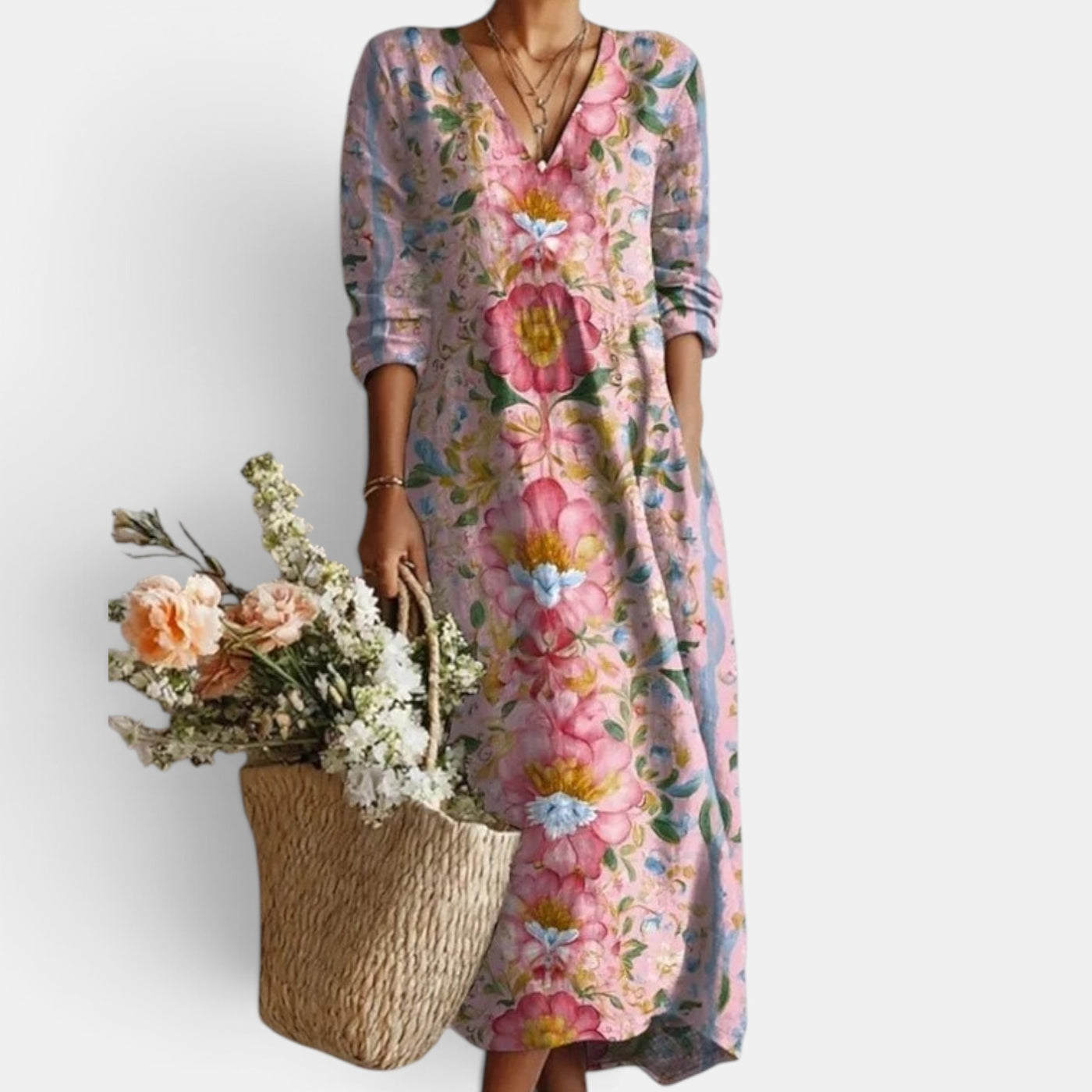 Vestido Midi Boho Mujer de Lino Estampado Floral Escote V