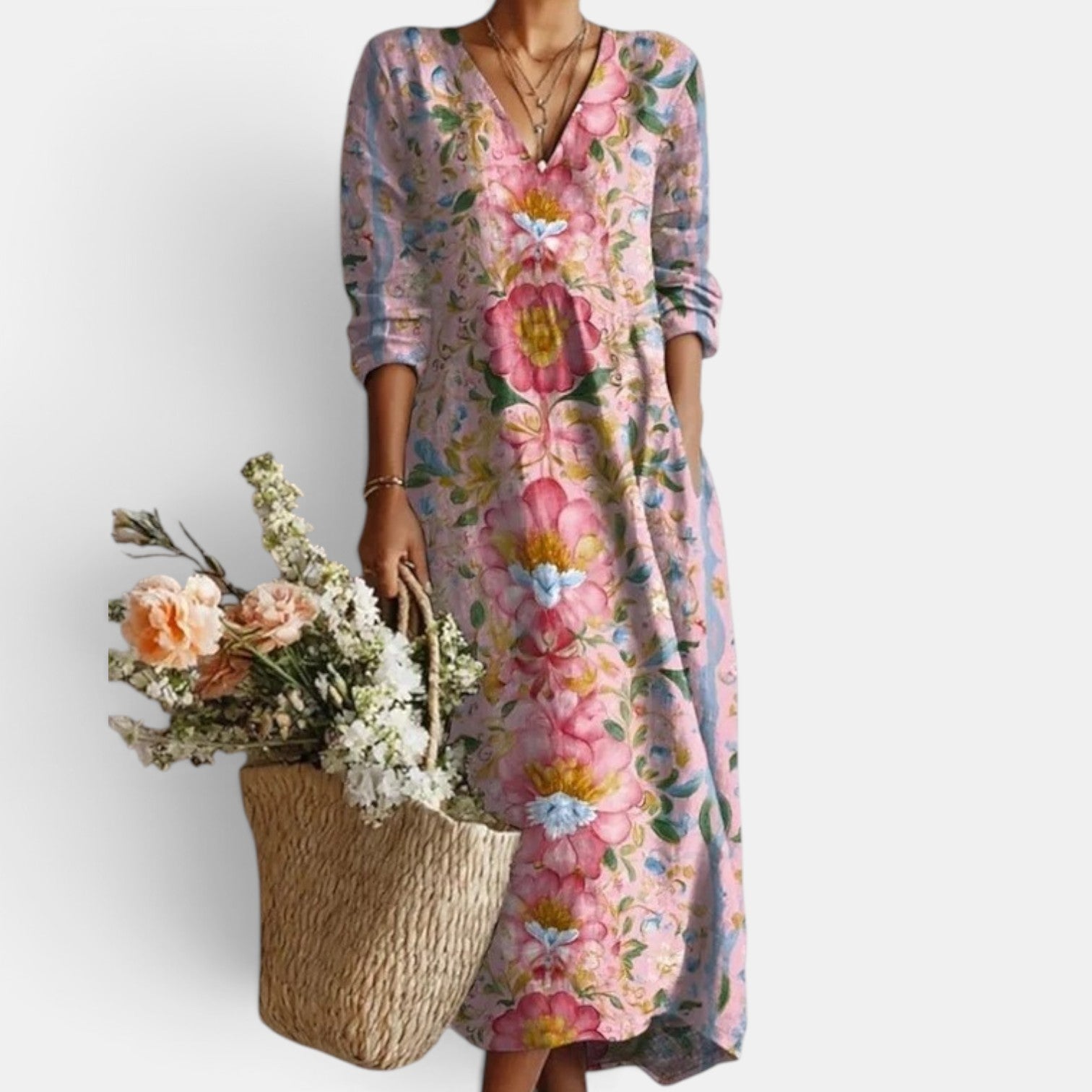 Vestido Midi Boho Mujer de Lino Estampado Floral Escote V