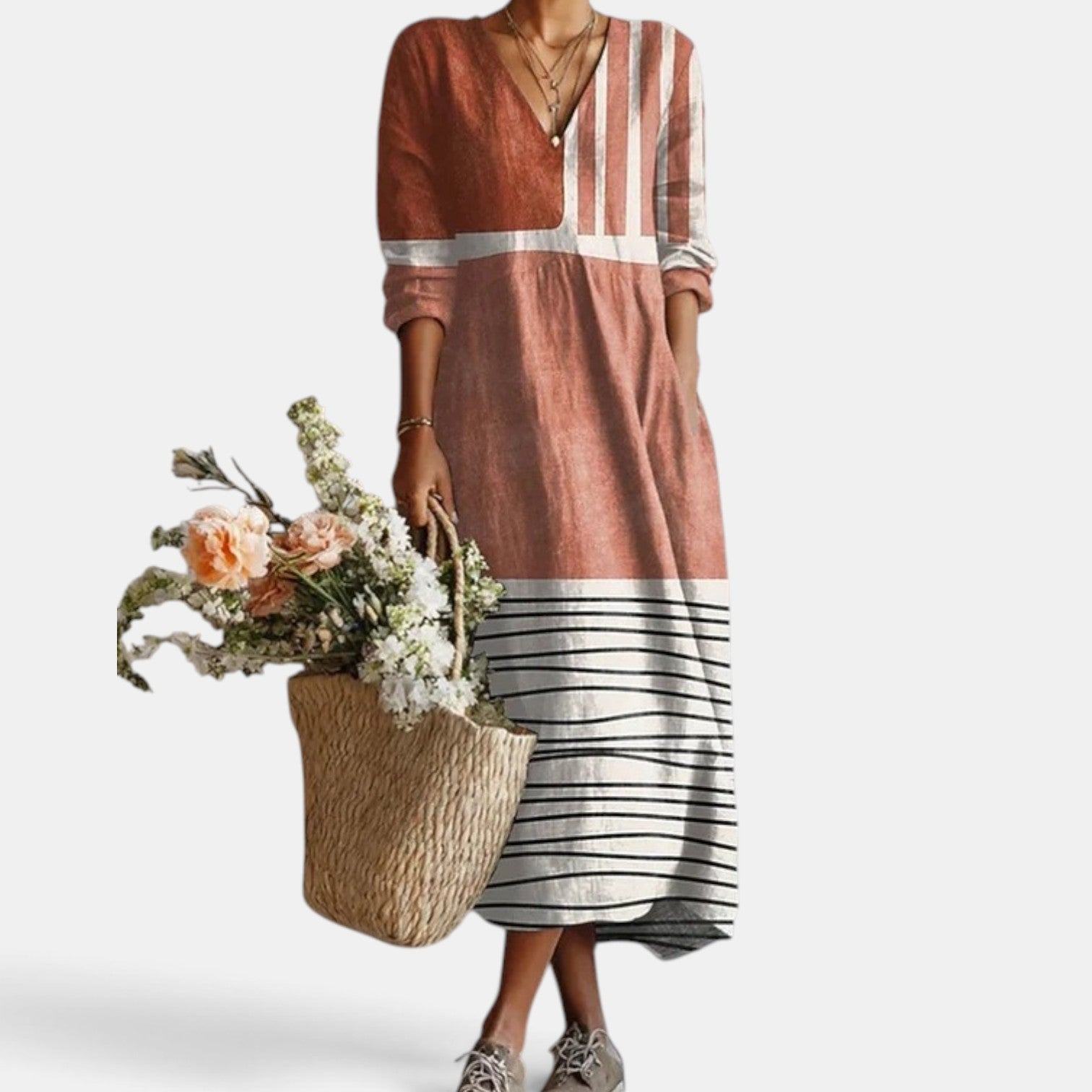 Vestido Midi Boho Mujer de Lino Estampado Floral Escote V