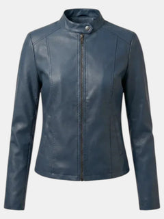 Chaqueta de Piel para Mujer con Cuello Mao y Cremallera