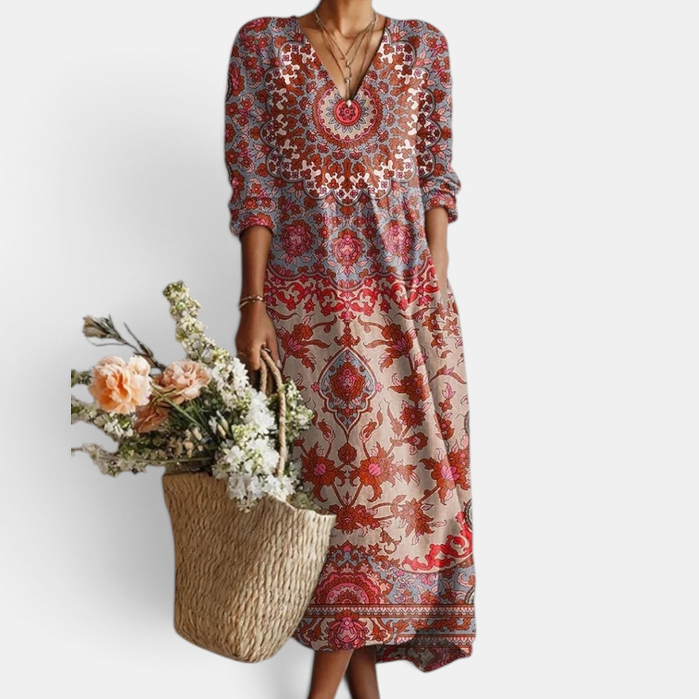 Vestido Midi Boho Mujer de Lino Estampado Floral Escote V