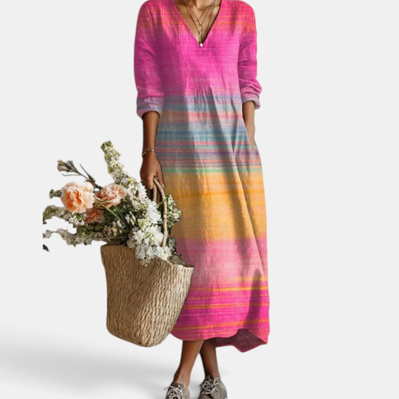 Vestido Midi Boho Mujer de Lino Estampado Floral Escote V