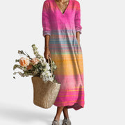 Vestido Midi Boho Mujer de Lino Estampado Floral Escote V