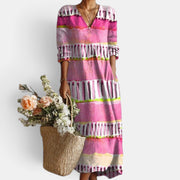 Vestido Midi Boho Mujer de Lino Estampado Floral Escote V