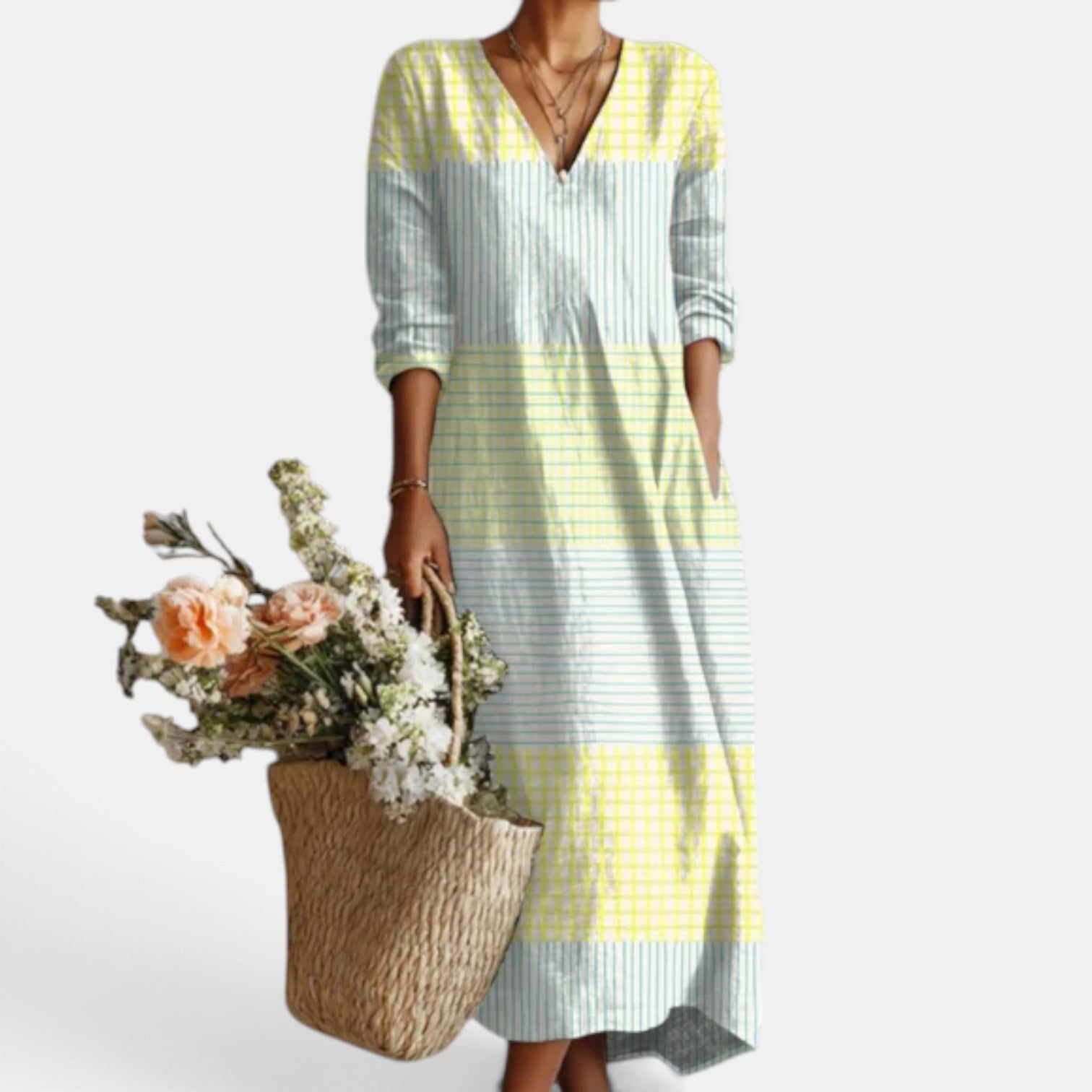Vestido Midi Boho Mujer de Lino Estampado Floral Escote V