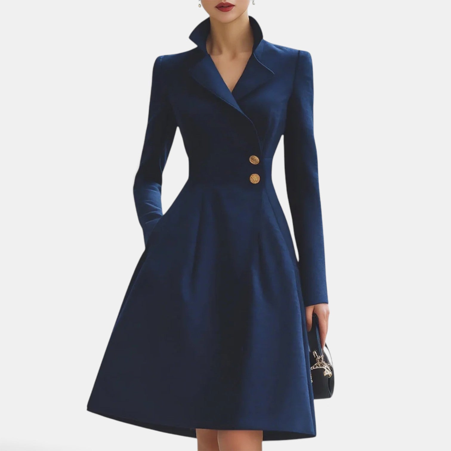 Women's Elegant Tailored Collar Dress with Gold Buttons