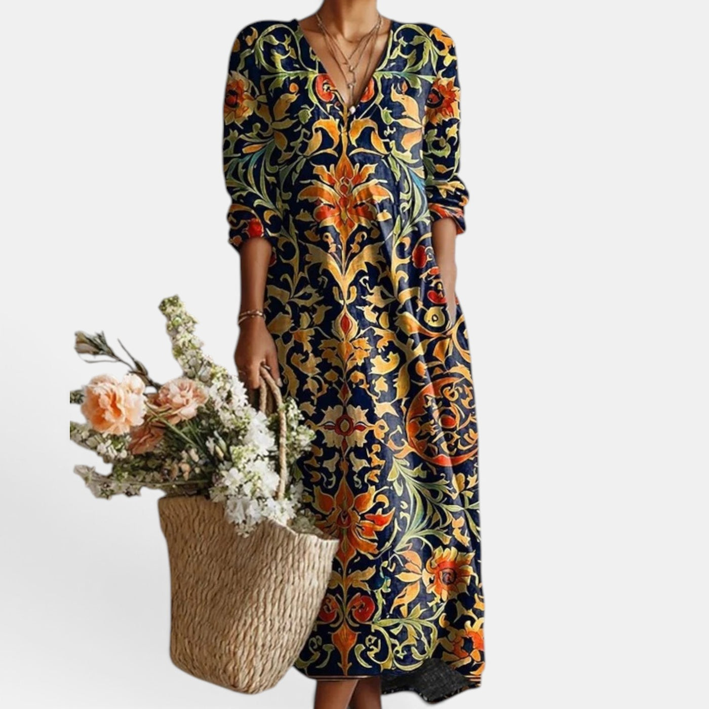 Vestido Midi Boho Mujer de Lino Estampado Floral Escote V
