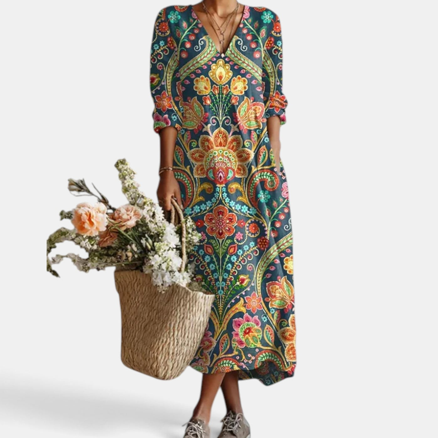 Vestido Midi Boho Mujer de Lino Estampado Floral Escote V