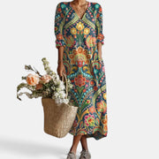 Vestido Midi Boho Mujer de Lino Estampado Floral Escote V