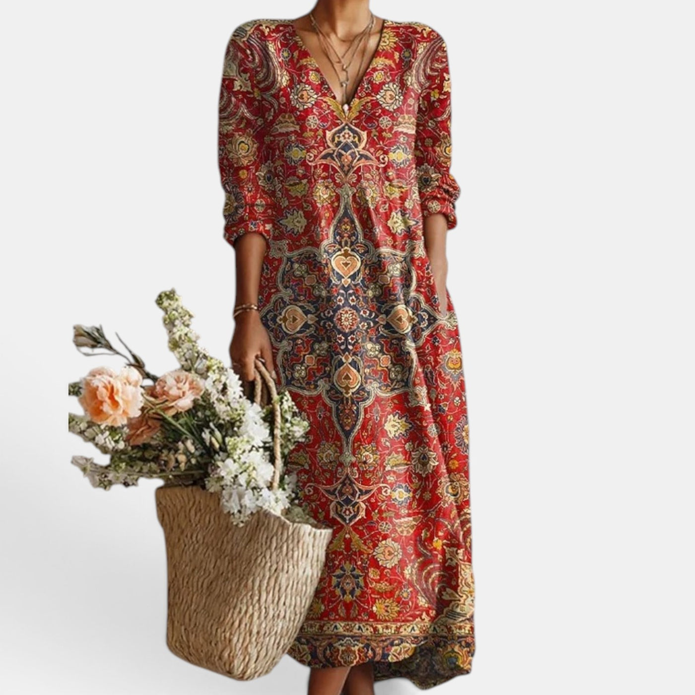 Vestido Midi Boho Mujer de Lino Estampado Floral Escote V