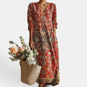 Vestido Midi Boho Mujer de Lino Estampado Floral Escote V