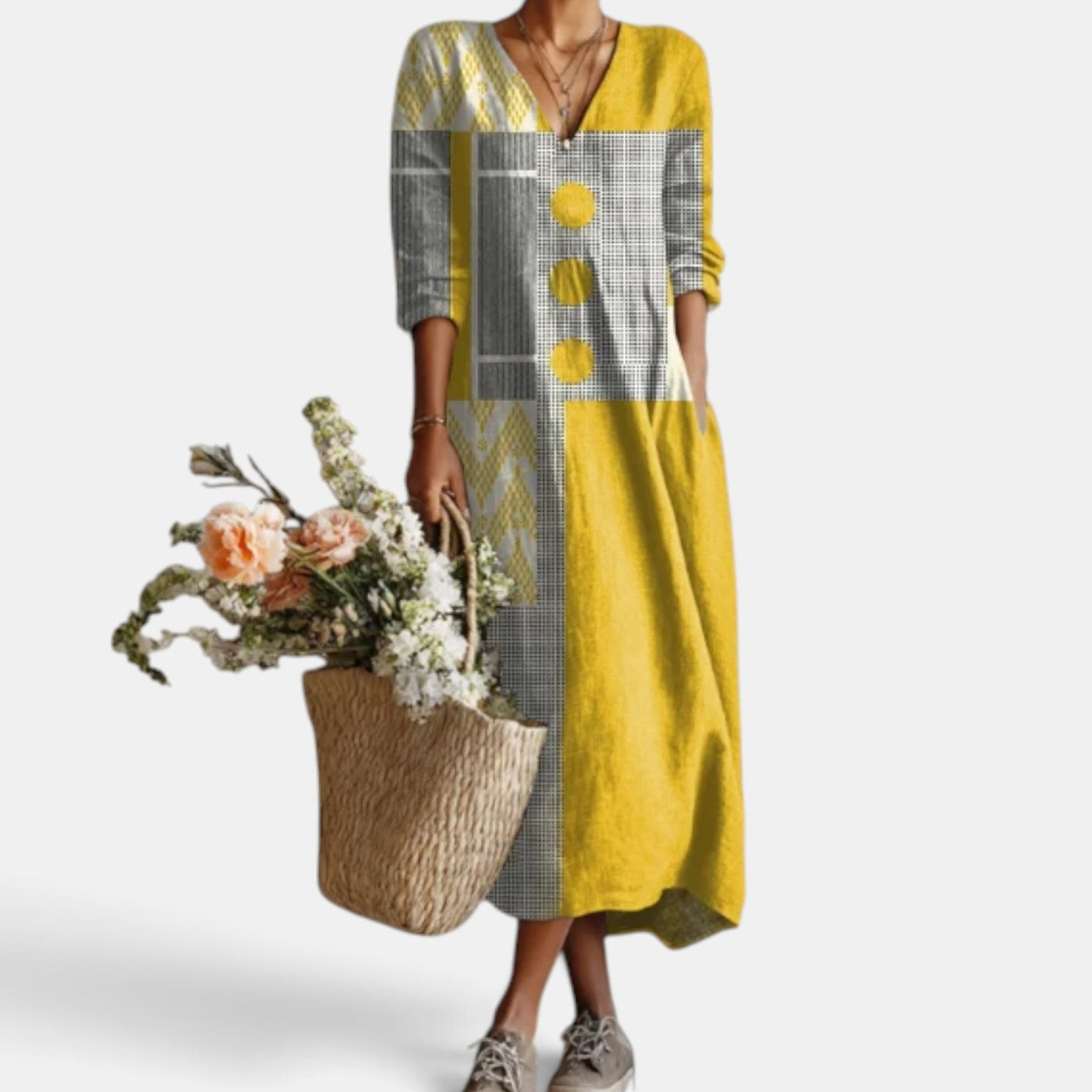 Vestido Midi Boho Mujer de Lino Estampado Floral Escote V