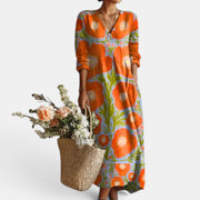 Vestido Midi Boho Mujer de Lino Estampado Floral Escote V