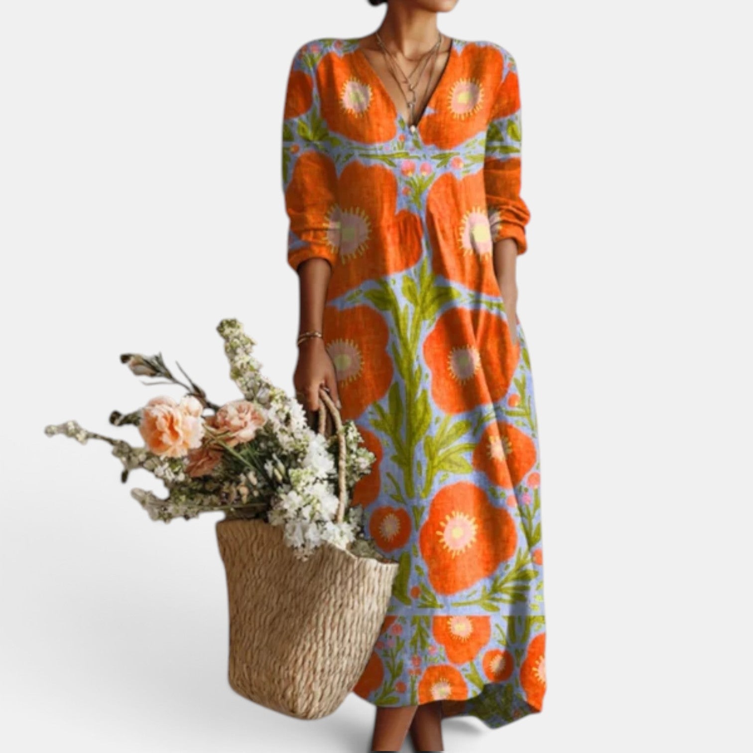 Vestido Midi Boho Mujer de Lino Estampado Floral Escote V